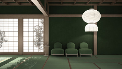 Empty open space, mats, tatami and futon floor, green plaster walls, wooden roof, armchairs with side table and paper pendant lamp, lounge room, window tree shadows, interior design