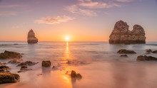 Coastal Dreams. Travel Concept. Algarve, Portugal. Sunset At Dream Beach.