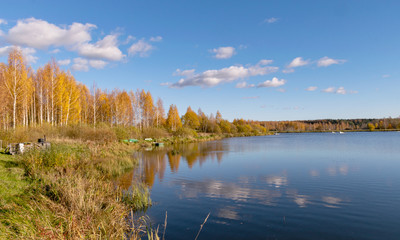 Wall Mural - colorful autumn landscape by the lake, golden autumn, colorful trees and reflections