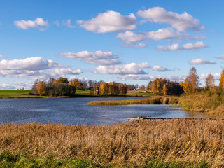 Wall Mural - colorful autumn landscape by the lake, golden autumn, colorful trees and reflections