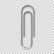 Realistic metal paper clip isolated on transparent background. Page holder, binder. Vector illustration.