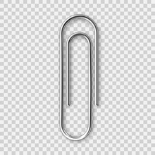 Realistic Metal Paper Clip Isolated On Transparent Background. Page Holder, Binder. Vector Illustration.
