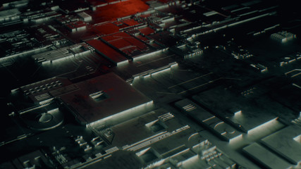 Abstract circuit board, cinematic futuristic server, technology background with bokeh, printed metal, with grunge overlay, 3d rendering 