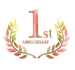 Wall Mural - Anniversary logo of the 1st anniversary designed with laurel painted in watercolor.red