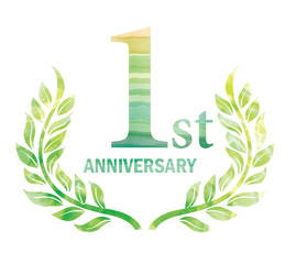 Wall Mural - Anniversary logo of the 1st anniversary designed with laurel painted in watercolor.green