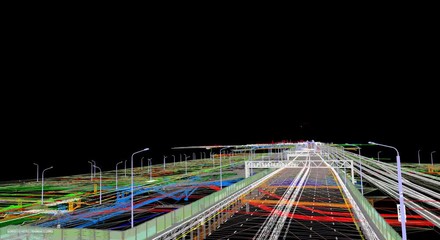 Wall Mural - flight over the bim model of the object of transport infrastructure of wireframe view