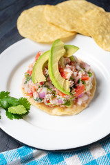 Wall Mural - Mexican fish  ceviche with avocado on dark background