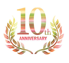 Wall Mural - Anniversary logo of the 10th anniversary designed with laurel painted in watercolor.red