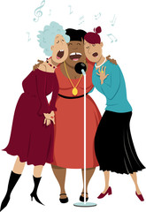 Wall Mural - Three mature women singing in a microphone, EPS 8 vector illustration