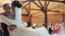 Young Beautiful Bride And Groom Dancing First Dance At The Wedding Party. Feel Happy