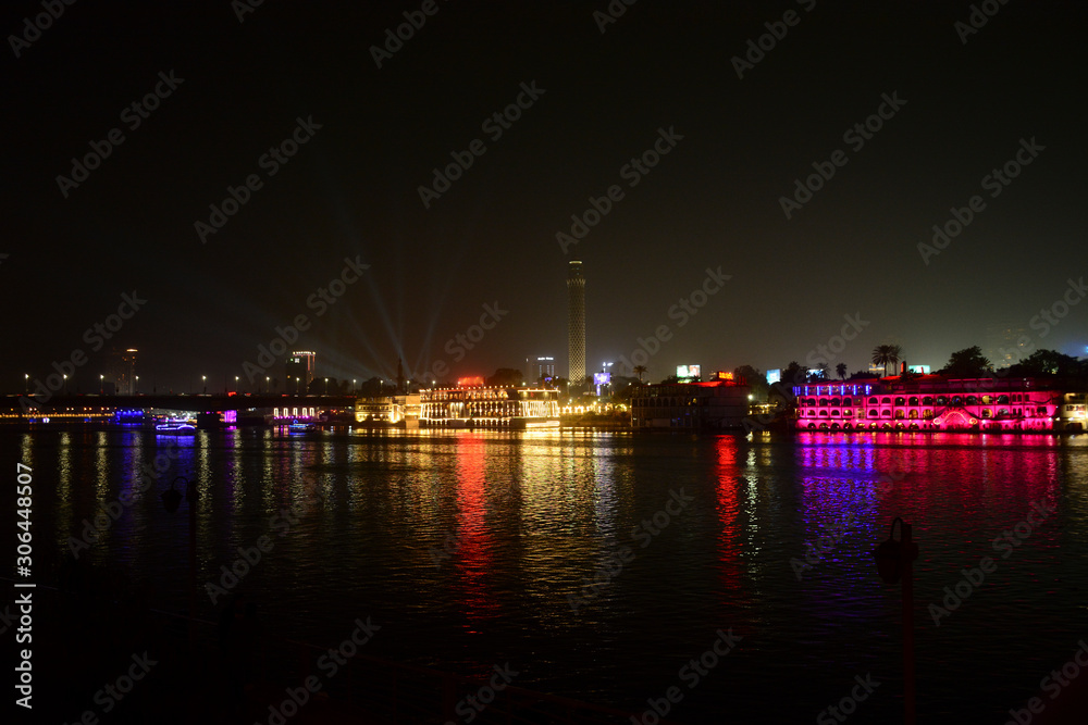 Beautiful view of river nile during night in Cairo Egypt showing light ...