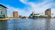 Salford Quays Greater Manchester Panoramic Cityscape View Of Popular Destination With Shopping Malls, History, Theatre, Museums, Heritage And Sport In England, UK.