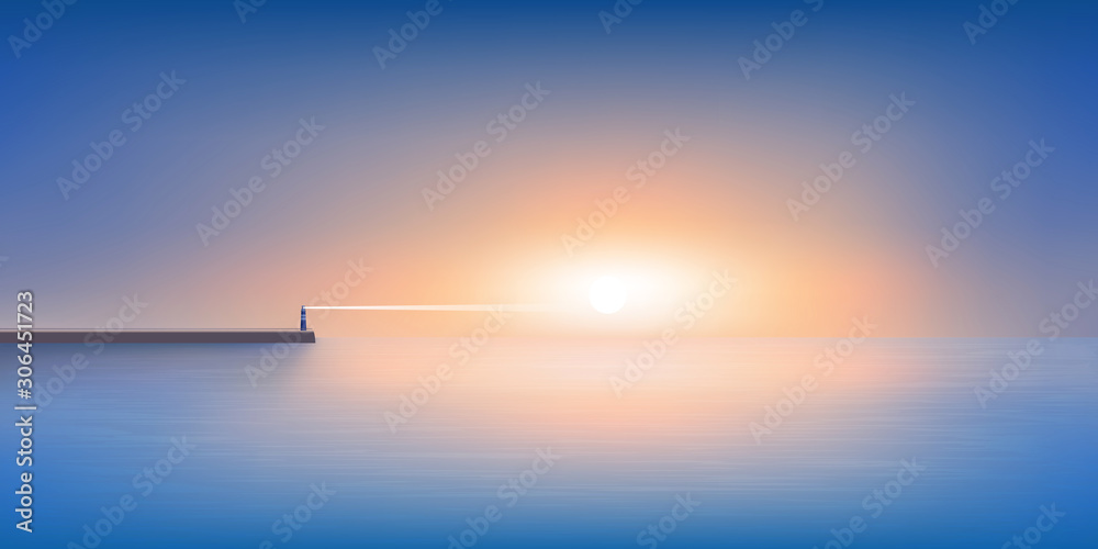 Le jour se lève sur un panorama maritime calme et reposant, avec un phare à l’horizon qui guide les navires de pêche jusqu’au port. - obrazy, fototapety, plakaty 