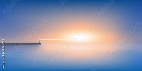Fotografía Le jour se lève sur un panorama maritime calme et reposant, avec un phare à l’horizon qui guide les navires de pêche jusqu’au port