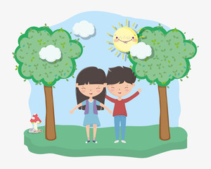 Poster - kids zone, happy little boy and girl in the park trees mushroom sun