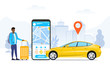 Ordering or hailing a ride by car online concept with a traveller standing with a suitcase alongside a mobile phone with app and map location pin over a yellow car, vector illustration