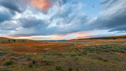 Wall Mural - Panoramic view of Lamar Valley and Lamar River at sunset.Yellowstone National Park.Wyoming.USA