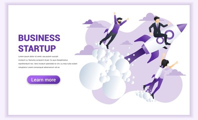 Poster - Business start up concept with businessman flying on a rocket. Business success, Entrepreneurship, Successfully start up. Can use for web banner, landing page, web template. Vector illustration
