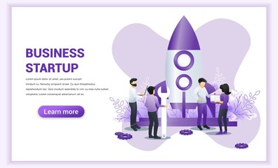 Poster - Business start up concept with people work near a rocket ready getting launch. Can use for web banner, infographics, landing page, web template. Flat vector illustration