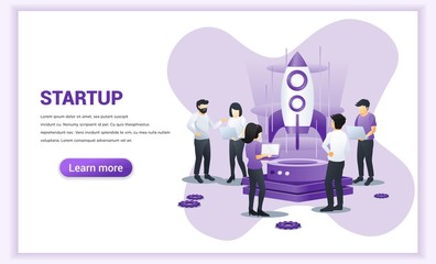 Fototapete - Start up Project concept business development. people working on rocket and getting ready for a launch startup. Can use for web banner, infographics, landing page, web template. Vector illustration