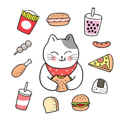 Wall Mural - Cartoon cute cat eating foods vector.