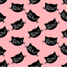 Seamless Pattern With Black Cat Face Silhouette With Meow Lettering Inside. Simple Objects On Pink Background. Flat Vector Illustration.