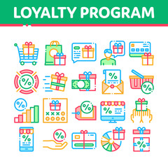 Poster - Loyalty Program For Customer Icons Set Vector Thin Line. Human Silhouette And Present In Box Or Bag, Percent Mark And Money Loyalty Program Concept Linear Pictograms. Color Contour Illustrations