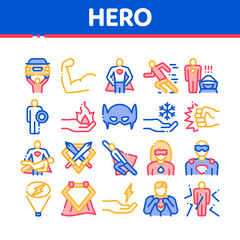 Aufkleber - Super Hero Collection Elements Icons Set Vector Thin Line. Hero Superman Silhouette And Woman, Face Mask And Muscle Power Concept Linear Pictograms. Color Contour Illustrations
