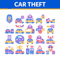 Poster - Car Theft Collection Elements Icons Set Vector Thin Line. Car Theft On Truck, Thief Silhouette Near Motorcycle And Van, Signaling And Electronic Key Linear Pictograms. Color Contour Illustrations