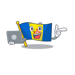 Wall Mural - Happy smiling flag madeira cartoon character working with laptop