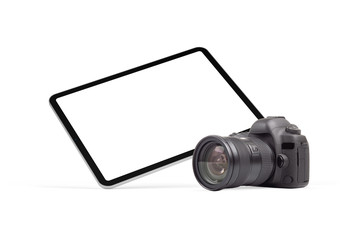 Fototapete - Digital tablet and DSLR photo camera graphics element