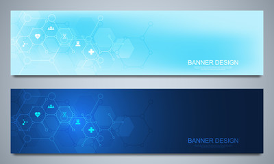 Wall Mural - Banners design template for healthcare and medical decoration with flat icons and symbols. Science, medicine and innovation technology concept.