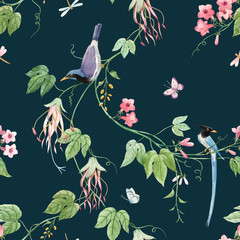 Watercolor floral pattern with blue birds of paradise and pink delicate flowers. Dark green background. Stock illustration.