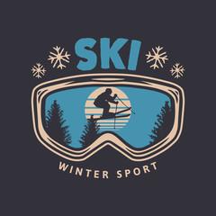 Ski winter sport vintage typography t shirt design with glasses and skier silhouette