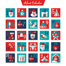 Christmas Advent Calendar Or Poster. Winter Holidays Design Elements. Countdown Calendar.