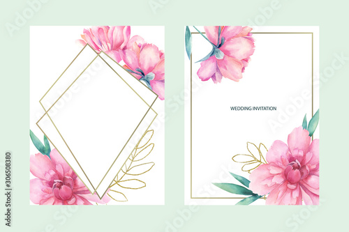 Set of watercolor floral card with leaves, gold glitter elements and peonies....