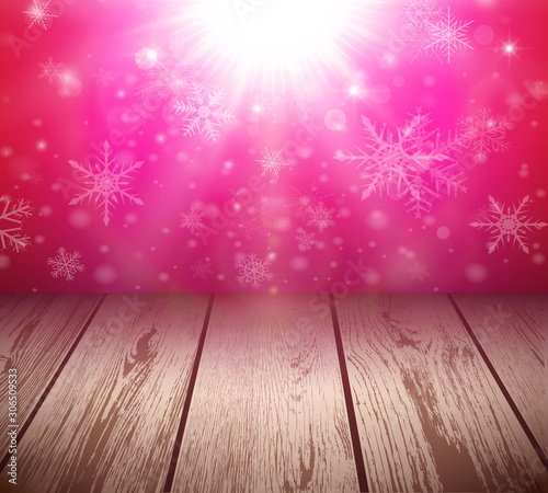 Christmas  background with 3D wooden floor and sunny, glowing lights