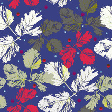 Seamless Abstract Pattern. Red, White And Green Leaves And Polka Dots On A Bright Blue Background.