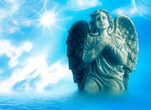 Angel Archangel With Praying Hands Over Divine Mystic Sky Like Religious Spiritual Angelic Concept 