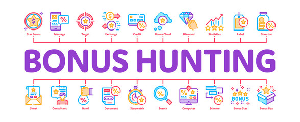 Sticker - Bonus Hunting Minimal Infographic Web Banner Vector. Magnifier And Bag With Percent Mark, Star, Diamond And Bonus Coins In Bottle Concept Illustrations