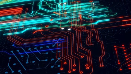 Poster - Circuit board background animation. Concept of high tech technology system server.