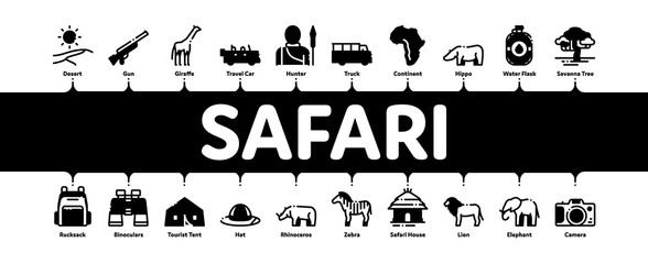 Poster - Safari Travel Minimal Infographic Web Banner Vector. Animal And Africa, Car And Tree, Human Silhouette And Hat Safari Adventure Concept Illustrations