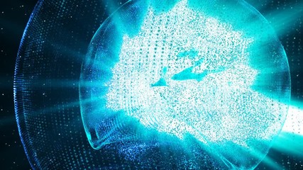 Poster - 3d rendering of rotating of blue shining dotted shperes in outer space.  