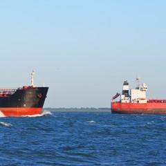 Two cargo ships sailing in blue sea close to Vlissingen, the Netherlands