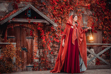 Beautiful Girl In A Burgundy Coat And Red Dress On The Background Of The Castle In The Park, October