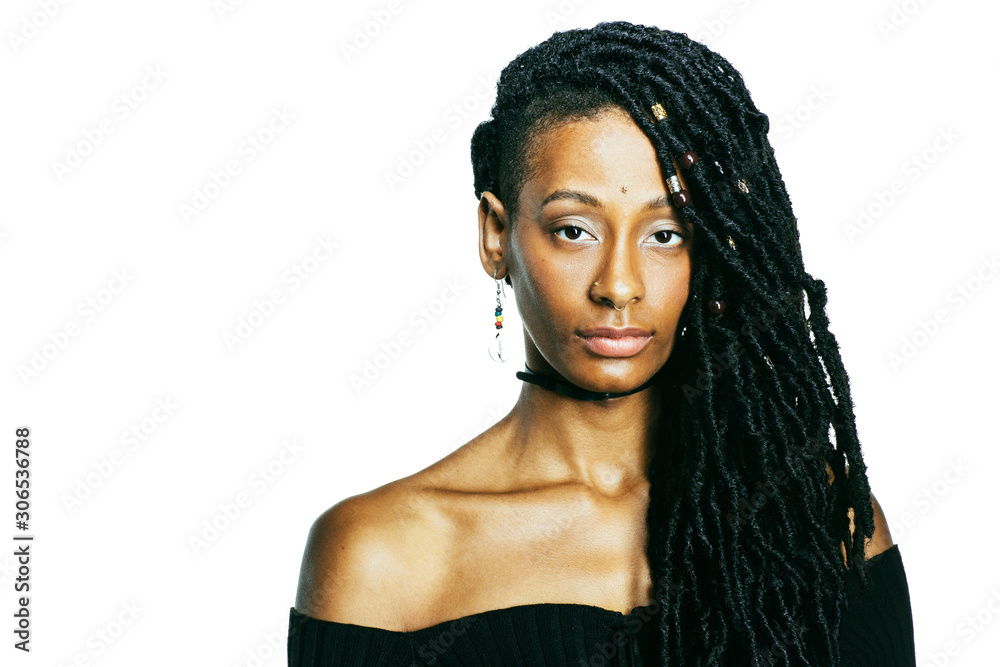 Photo Stock African American woman with dreadlocks looking at the ...