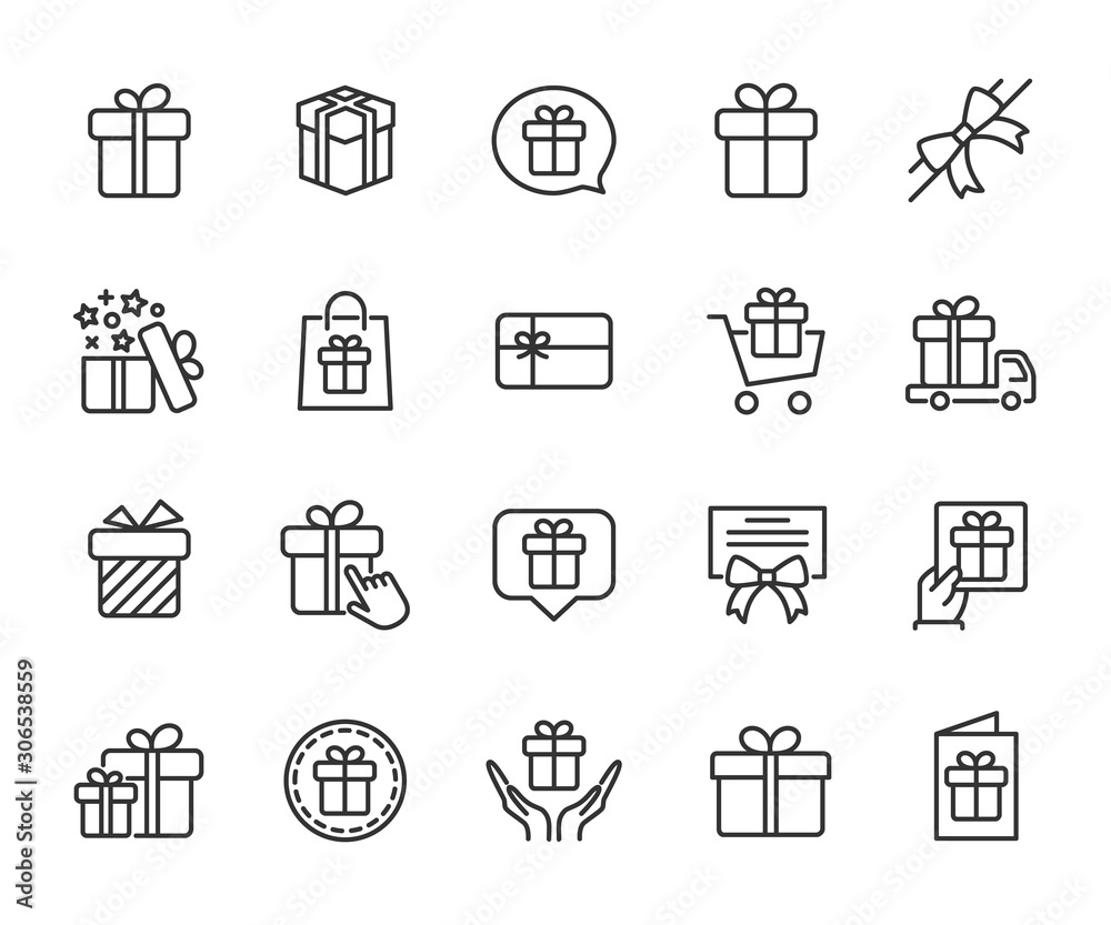 Vector set of gift line icons. Contains icons of box, bow, surprise, certificate, gift card and more. Pixel perfect, scalable 24, 48, 96 pixels. - obrazy, fototapety, plakaty 