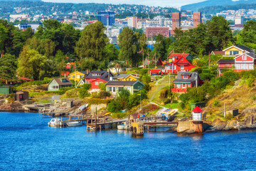 Lindøya island with Oslo in the background, Norway