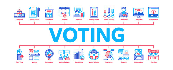 Wall Mural - Voting And Election Minimal Infographic Web Banner Vector. Congress Building And Monitor, Calendar And Human Silhouette Democracy Voting Concept Illustrations