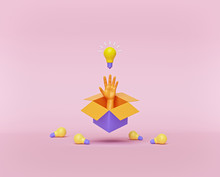 Think Outside The Box Business Concept. Box, Hand And Bulbs Isolated On Pastel Pink Background. Creative Idea. Conceptual Minimal Design. 3d Rendering